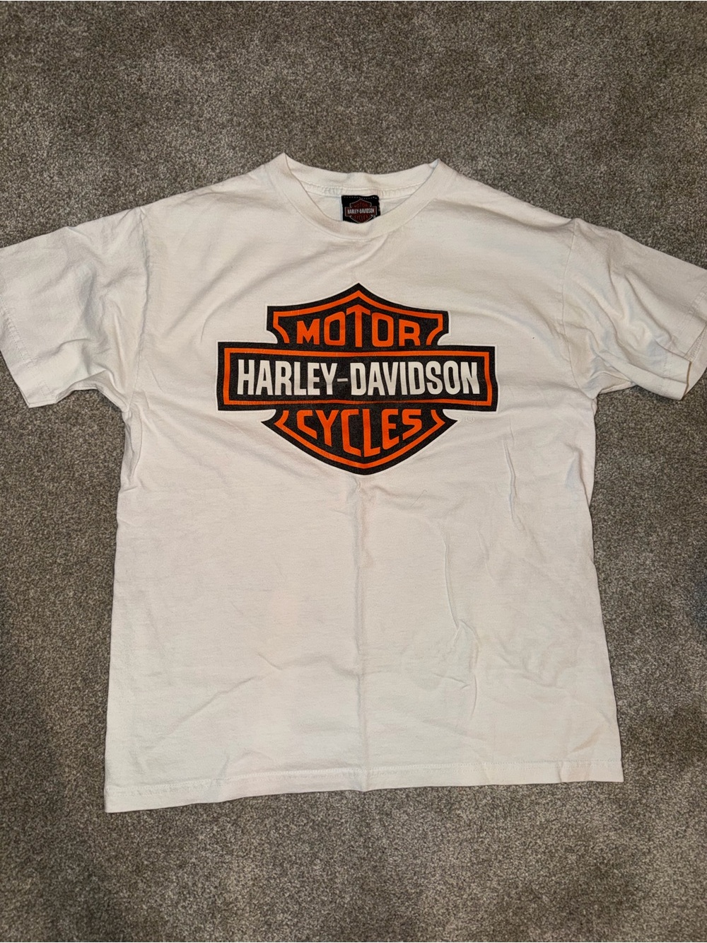 Harley-Davidson White Tee with Orange & Black Shield Logo
